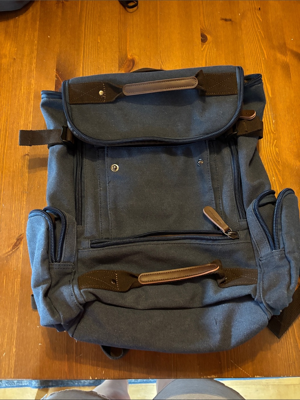 Men's Canvas Roll-Top Backpack - Navy with Brown Accents